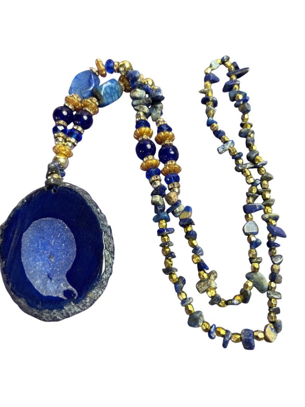 Blue Agate Slice Pendant Necklace Stone Beaded Lapis Lazuli Cobalt Glass